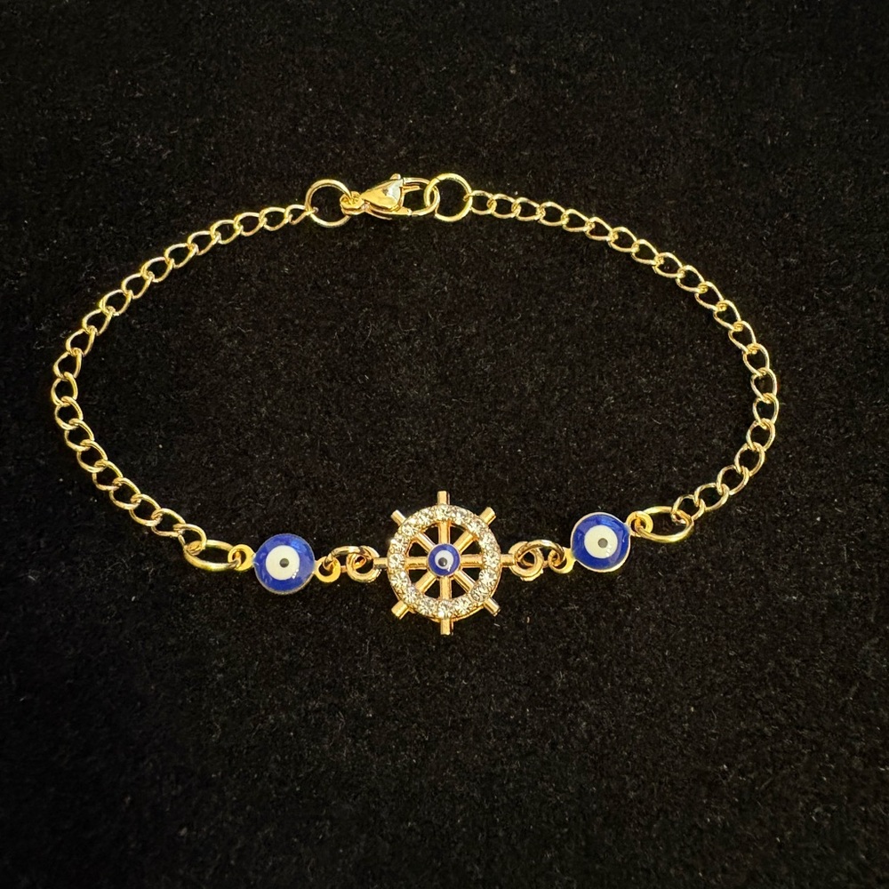 Rhinestone Ship’s Wheel Evil Eye Nautical gold bracelet or anklet